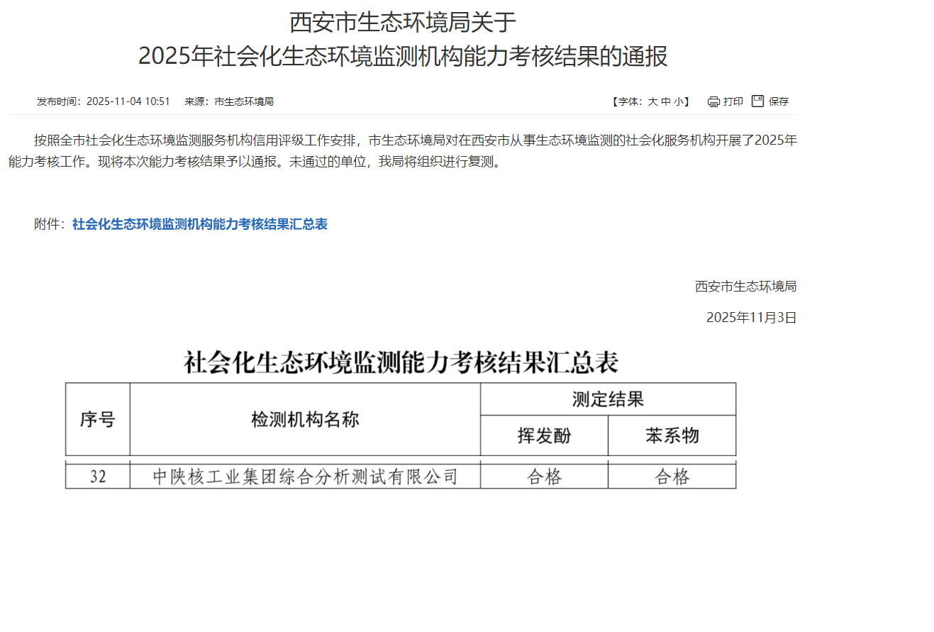 【資質(zhì)能力·提升】中陜核測(cè)試公司順利通過(guò)西安市生態(tài)環(huán)境局2025年社會(huì)化生態(tài)環(huán)境監(jiān)測(cè)機(jī)構(gòu)能力考核
